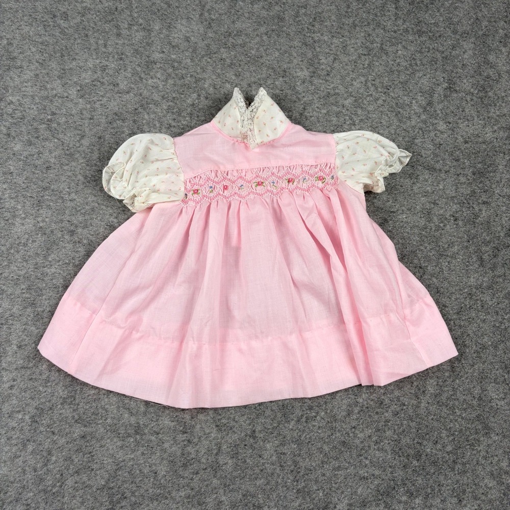 Baby Togs Dress Baby Girls Vintage Pink Smocked Floral Lace Puff Sleeve 12M 90s